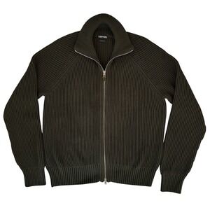 Tom Ford Mens Ribbed Knit Full Zip Cardigan Sweater Olive Green Made in Italy 56